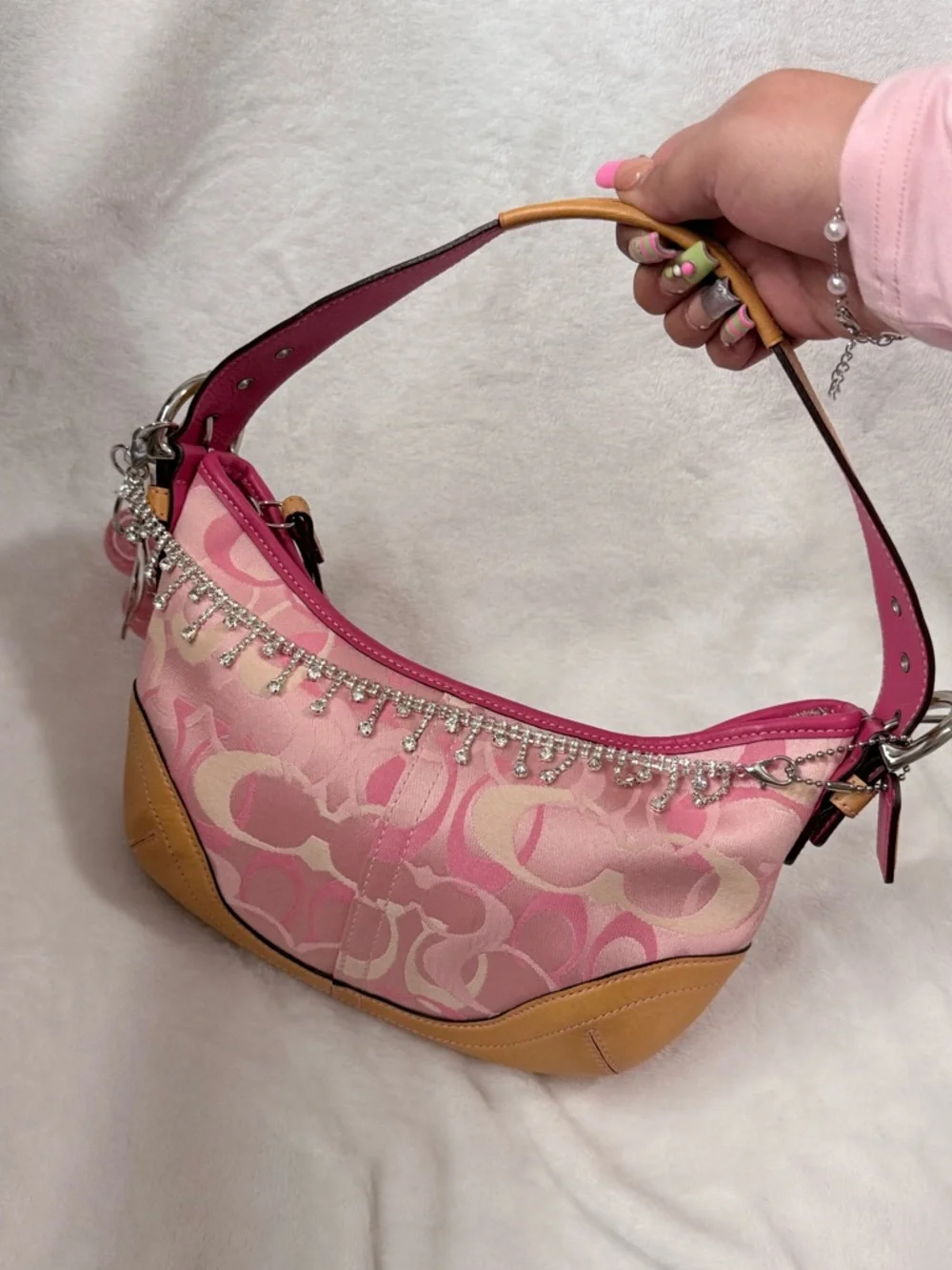 Pink Coach Rare Signature Print Shoulder Bag with Crystal Trim - Picture 2 of 8